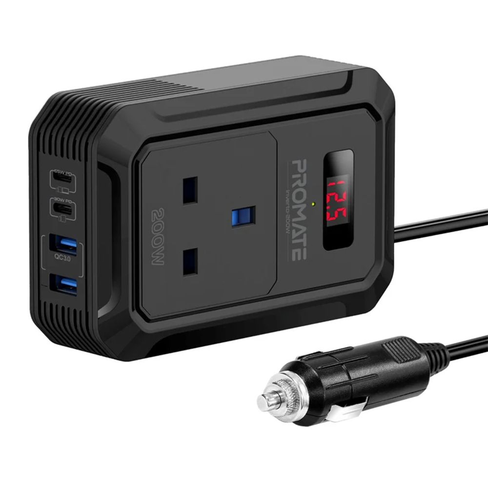 Promate Inverto-200W Multi-Port DC to AC Power Inverter with 200W AC Socket Promate Inverto-200W Multi-Port DC to AC Power Inverter with 200W AC Socket